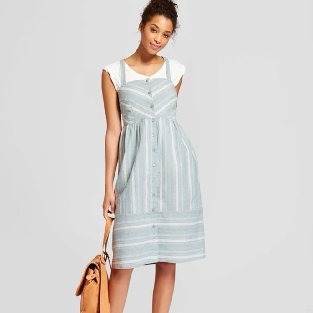 Blue Striped Midi button Dress with pockets adjustable straps
